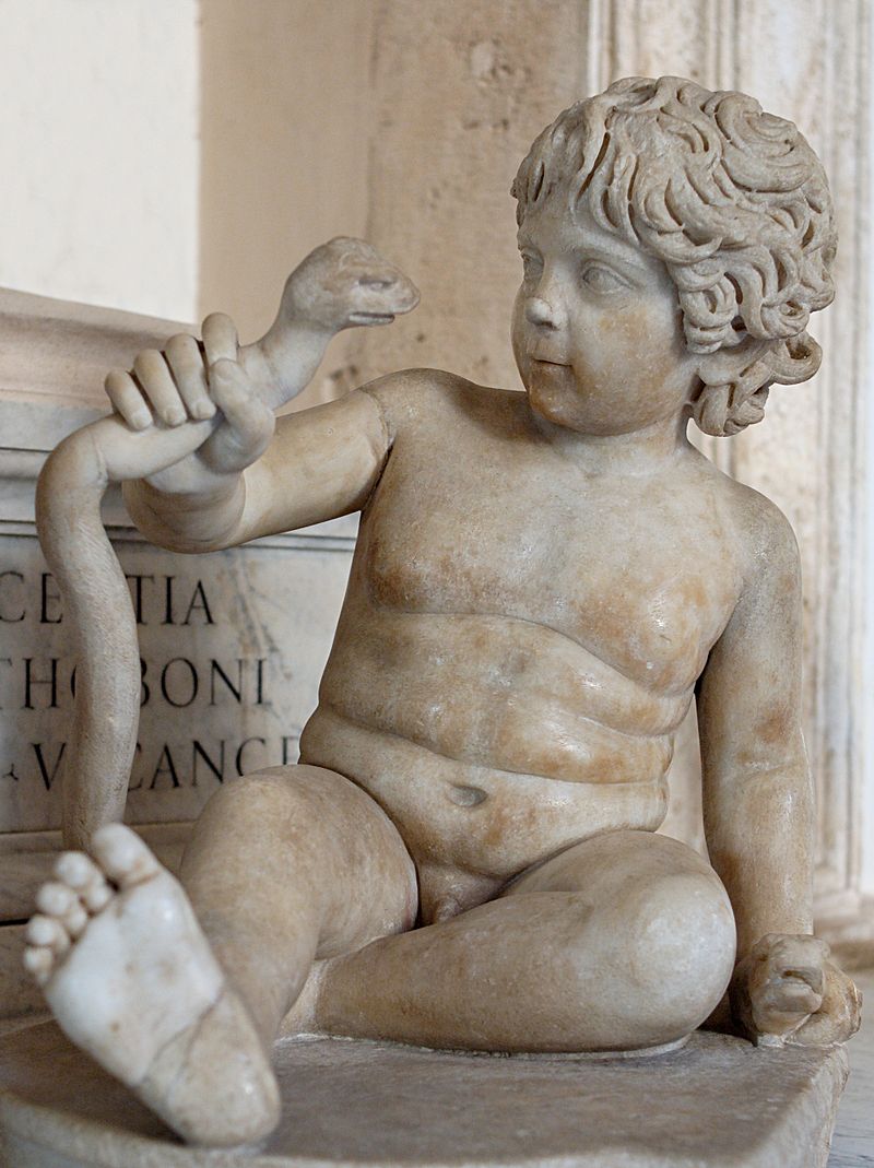 Yarı İnsan, Tam Kahraman: Herakles (Herkül) Yilan bogan bir cocuk olarak Herakles Roma sanat eseri MS 2. yuzyil