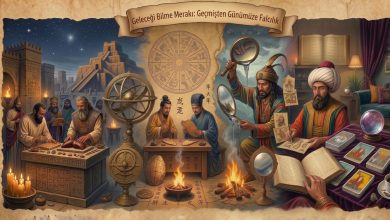 Geleceği Bilme Merakı: Geçmişten Bugüne Falcılık Geçmişten günümüze falcılık tarihini antik figürler ve astronomik araçlarla anlatan illüstrasyon