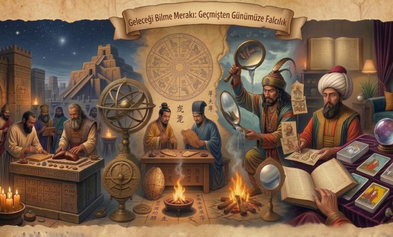 Geleceği Bilme Merakı: Geçmişten Bugüne Falcılık Geçmişten günümüze falcılık tarihini antik figürler ve astronomik araçlarla anlatan illüstrasyon